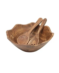 Gibson Home Sandhurst 3-Piece Acacia Wood Salad Bowl Set – 12-Inch Scalloped Serving Bowl with Wooden Salad Servers
