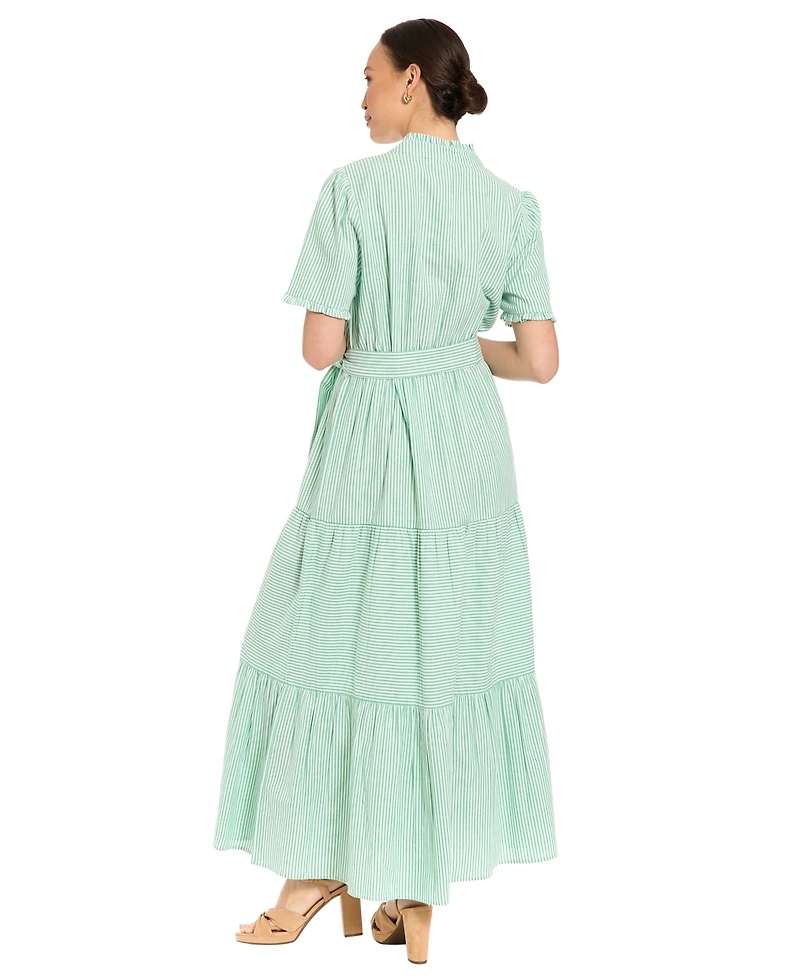London Times Petite Fit & Flare Slit Neck Tiered Maxi Dress