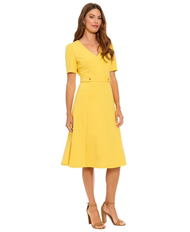 London Times Petite Short-Sleeve V-Neck Midi Dress