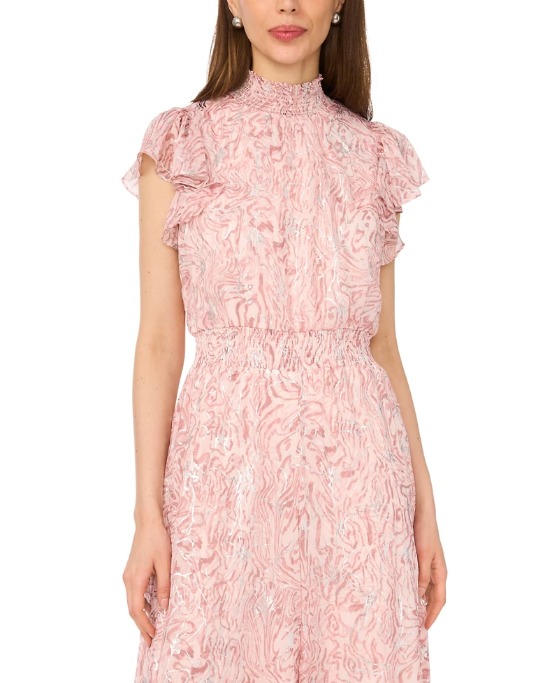 Msk Women's Short-Sleeve Mock Neck Smocked Waist Jumpsuit