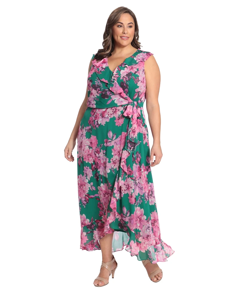 London Times Plus Ruffled Chiffon Maxi Dress