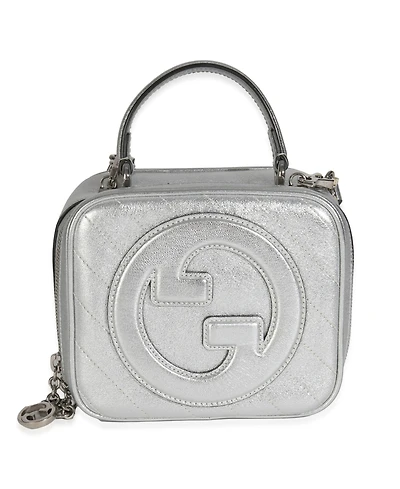 Pre-Owned Gucci Silver Metallic Sakai Be Green Calfskin Diagonal Stitched Blondie Top Hand