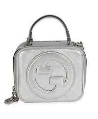 Pre-Owned Gucci Silver Metallic Sakai Be Green Calfskin Diagonal Stitched Blondie Top Hand