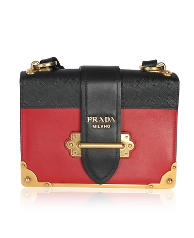 Pre-Owned Prada Red Black City Calfskin Saffiano Cahier Bag