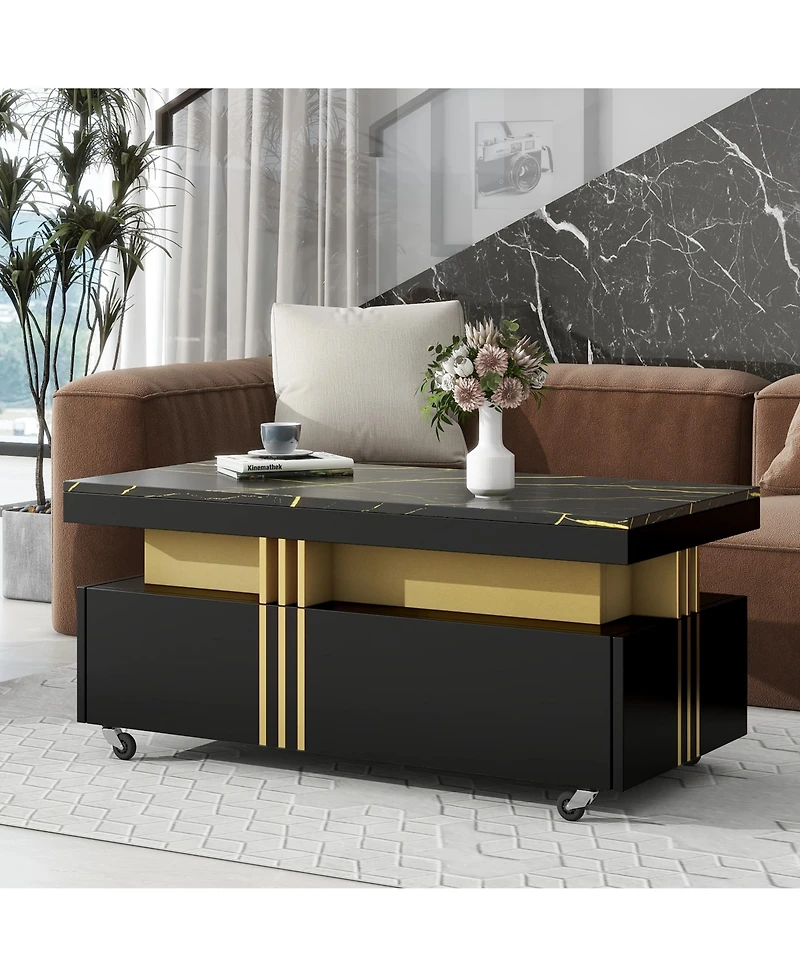 Rainsken Coffee Table with Faux Marble Top, Rectangle Center Table with 2 Drawers and Caster Wheels for Living Room