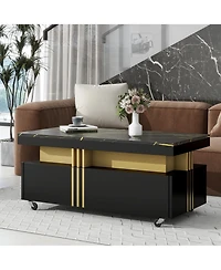 Rainsken Coffee Table with Faux Marble Top, Rectangle Center Table with 2 Drawers and Caster Wheels for Living Room