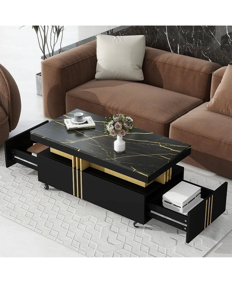 Rainsken Coffee Table with Faux Marble Top, Rectangle Center Table with 2 Drawers and Caster Wheels for Living Room