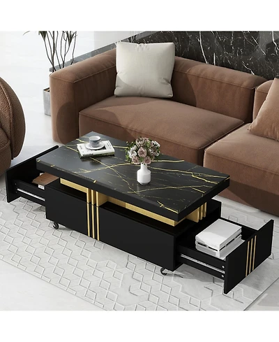 Rainsken Coffee Table with Faux Marble Top, Rectangle Center Table with 2 Drawers and Caster Wheels for Living Room