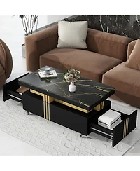 Rainsken Coffee Table with Faux Marble Top, Rectangle Center Table with 2 Drawers and Caster Wheels for Living Room