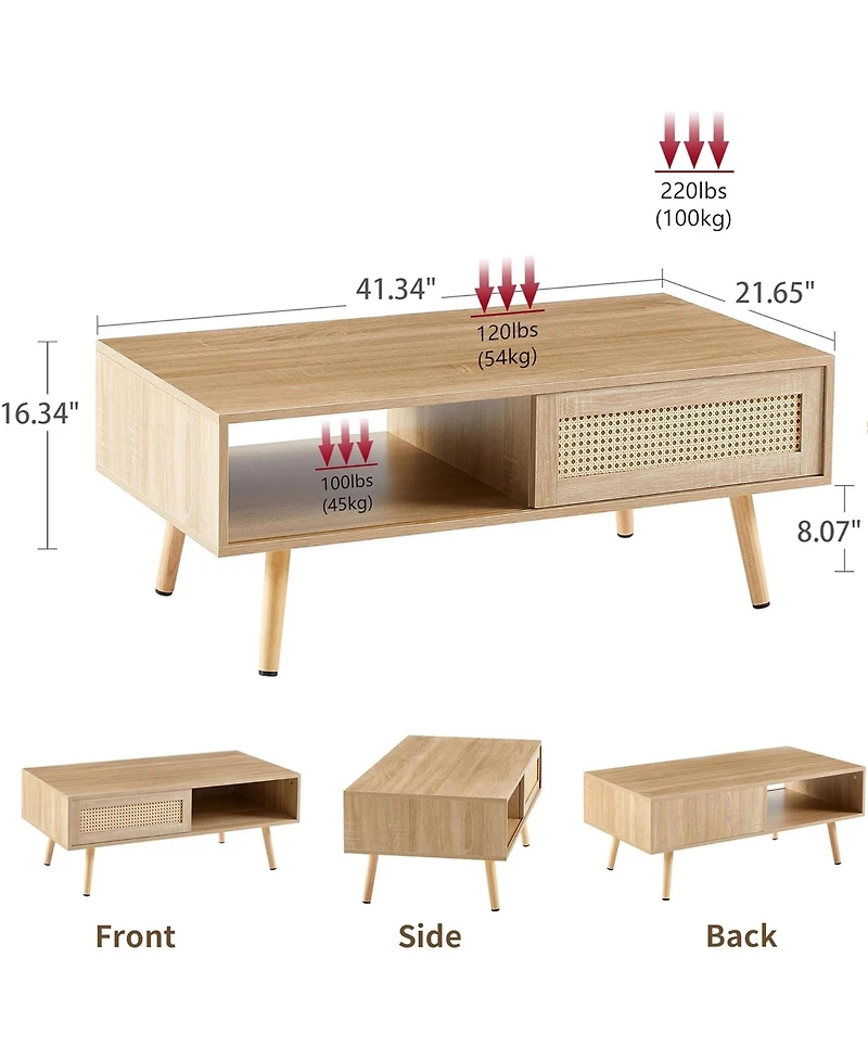 Rainsken 41.34" Rattan Coffee Table, Rectangle Wooden Center Tables with Sliding Door and Solid Wood Legs for Living Room, Home Office
