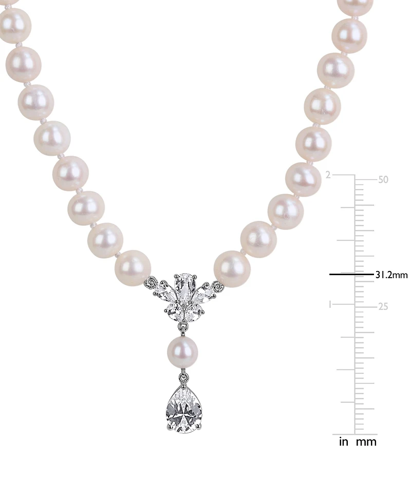 Macy's Cultured Freshwater Pearl & Created White Sapphire (4-1/2 ct t.w.) Necklace in Sterling Silver
