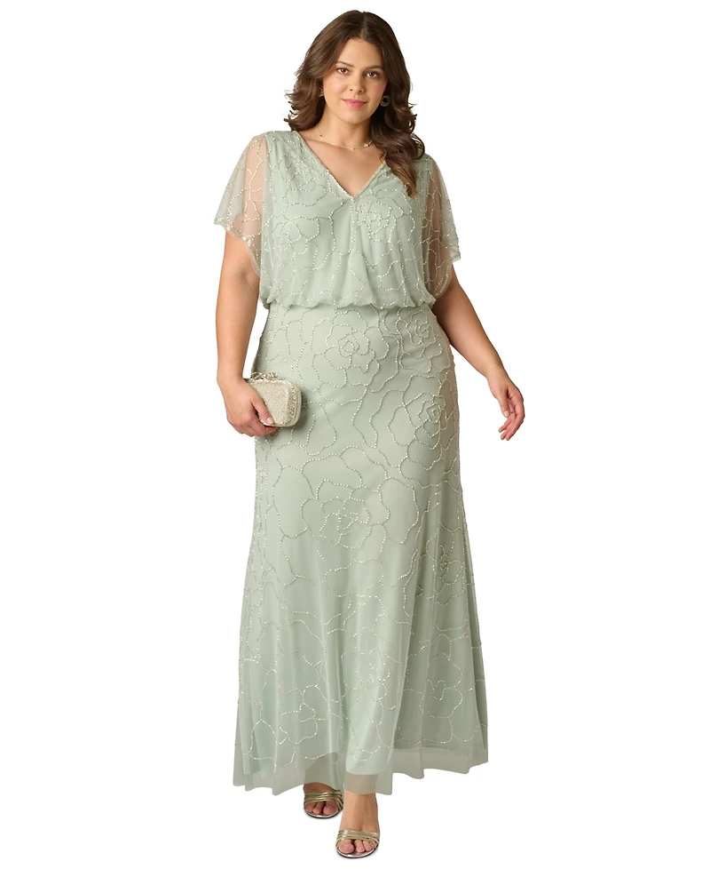 Adrianna Papell Plus Beaded Blouson-Sleeve Ball Gown