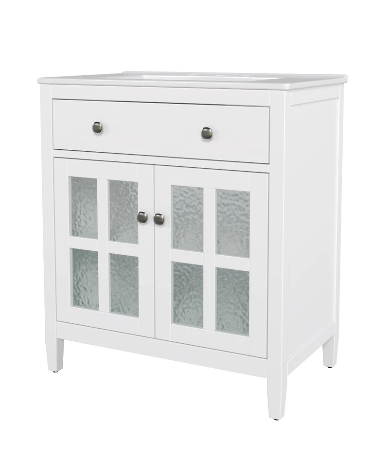 Sillysis 30" Bathroom Vanity with Sink, Modern Solid Wood Cabinet Textured Glass Doors, Flip-Out Tray & Adjustable Shelf