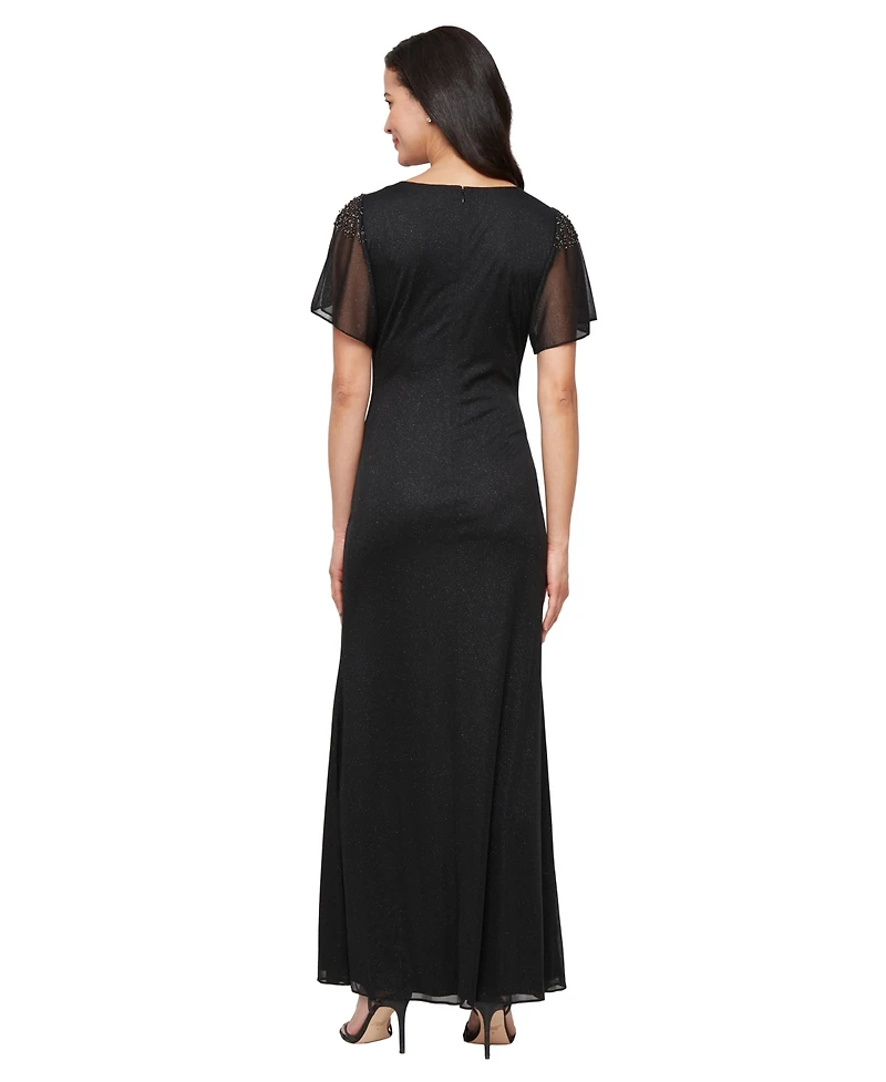 Sl Fashions Petite Flutter-Sleeve Embellished Glitter Gown