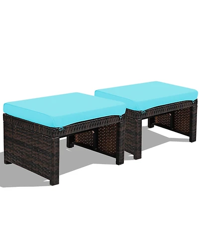 Gymax Set of 2 Rattan Ottoman Footrest Footstool Patio Furniture w/ White Cushion
