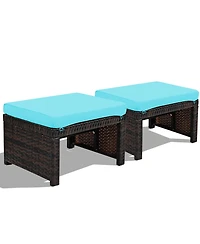 Gymax Set of 2 Rattan Ottoman Footrest Footstool Patio Furniture w/ White Cushion