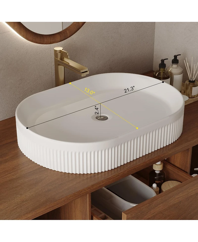 Sillysis 39.4" Wall-Mount Bathroom Vanity with Oval Ceramic Sink, Walnut Solid Wood Floating Cabinet & Soft-Close Drawers