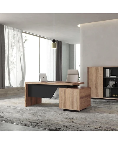 logicfox Modern Width Adjustable Home office Desk with Storage Cabinet