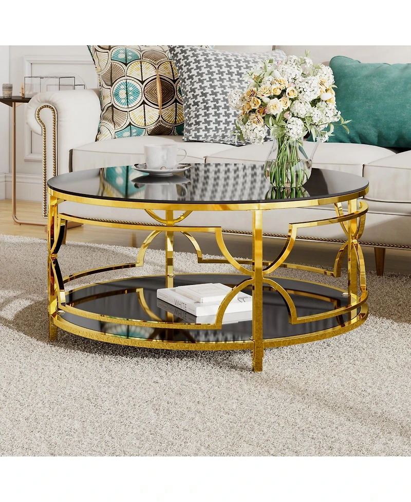 Rainsken Round Tempered Glass Coffee Table, Modern 2-Tier Center Table, Luxurious Geometric Metal Frame for Living Room