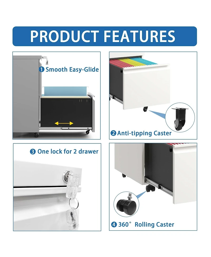 Rainsken 2 Drawer File Cabinet with Lock, Under Desk Rolling Filing Cabinet with Wheels for Home Office Storage, Hanging Legal/Letter/A4 Size