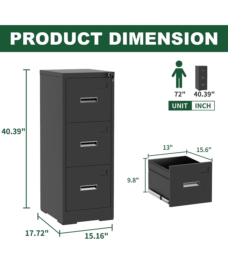 Rainsken 3 Drawer Vertical File Cabinet, Lockable Filing Cabinet with Card Slot, Storage Cabinet for Home Office, Holds A4/Letter/Legal Files