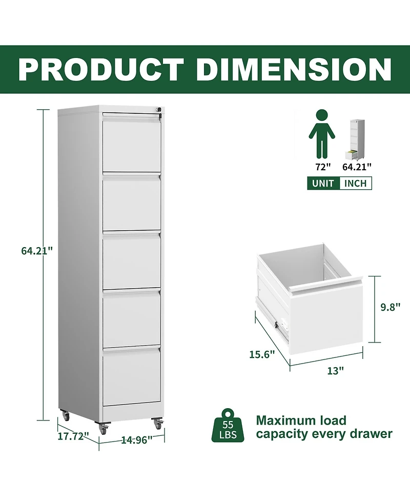 Rainsken 5 Drawer Locking Vertical File Cabinet on Wheels