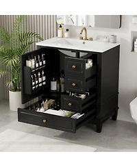 Sillysis 30'' Bathroom Vanity with Ceramic Sink, Solid Wood & Mdf, Multi-Drawer Storage Soft Close Door for Modern Bathrooms