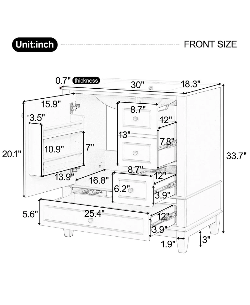 Sillysis 30'' Bathroom Vanity with Ceramic Sink, Solid Wood & Mdf, Multi-Drawer Storage Soft Close Door for Modern Bathrooms