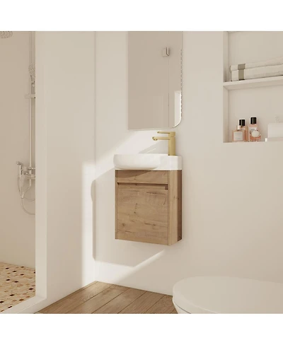 Sillysis 17" Wall-Mounted Modern Bathroom Vanity with Ceramic Sink, Black Chestnut Plywood Cabinet & Soft Close Door for Small Spaces