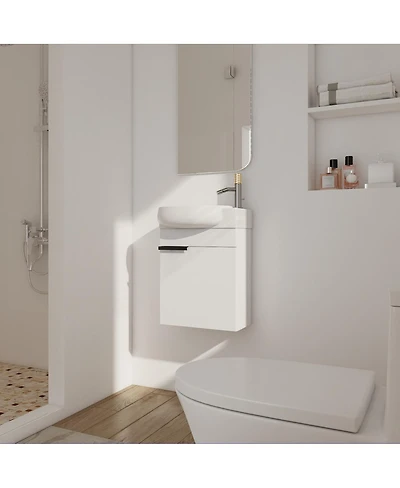 Sillysis 17" Wall-Mounted Modern Bathroom Vanity with Ceramic Sink, Black Chestnut Plywood Cabinet & Soft Close Door for Small Spaces