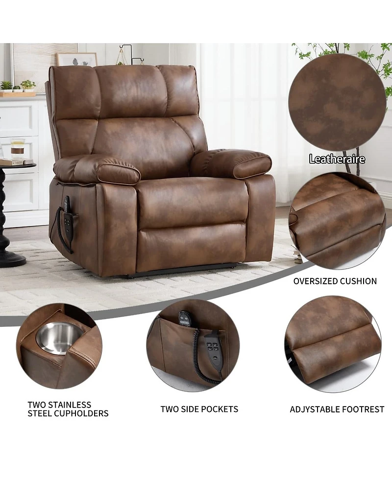 Maison Boucle Oversized Power Lift Recliner Chair for Elderly, Faux Leather Dual Motor Infinite Position with Massage, Heat, Remote & Cup Holders
