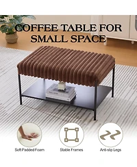 Rainsken 30.7" Wide Upholstered Ottoman, Faux Fur Footstool with Wooden Open Storage Shelf and Black Metal Legs for Living Room