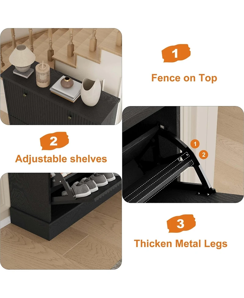 Homfan Fluted Shoe Cabinet with 2 Flip Drawers, Hidden Wooden Adjustable Shelf, Freestanding Storage