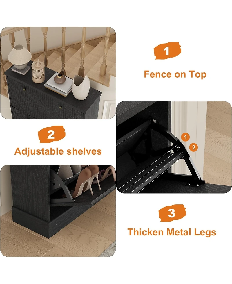 Homfan Fluted Shoe Cabinet Storage with 3 Flip Drawers, Wooden Narrow Organizer Adjustable and Removable Shelves