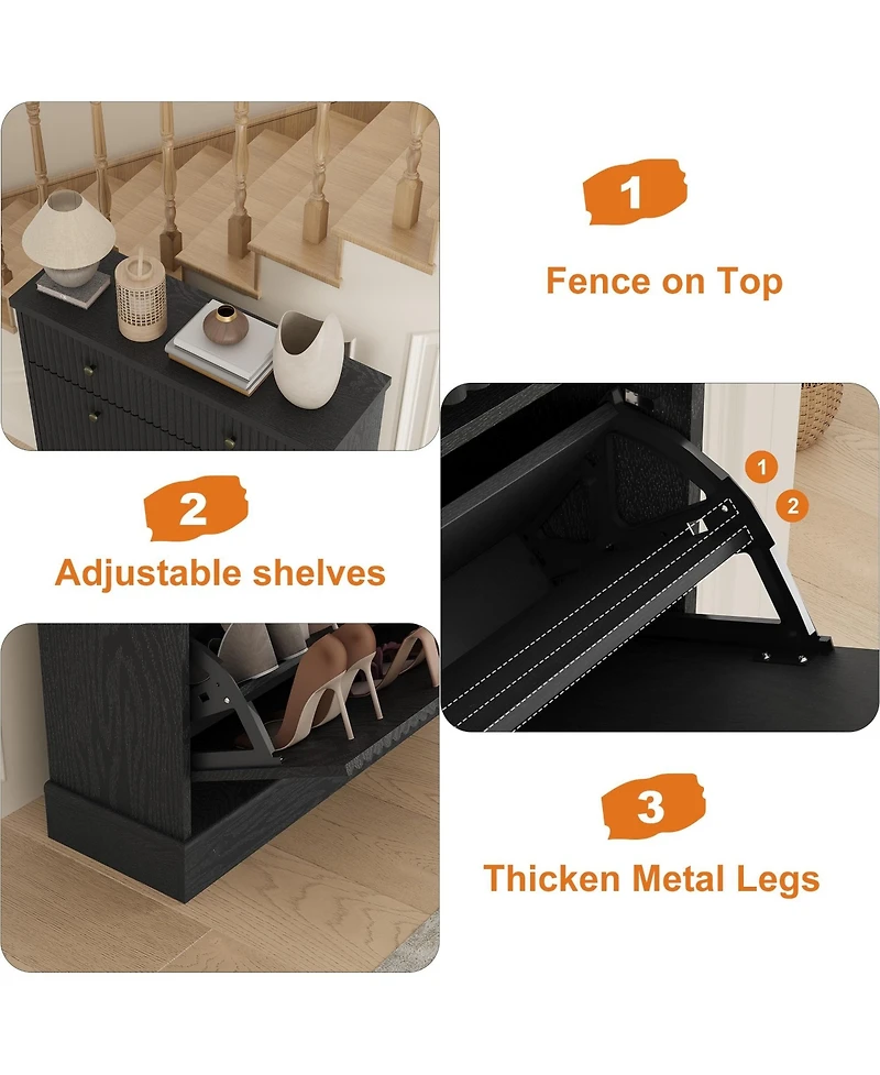 Homfan Fluted Shoe Storage Cabinet with 2 Flip Drawers and Top Drawer, 42" Tall Narrow Organizer, Curved Profile Design