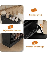 Homfan Fluted Shoe Storage Cabinet with 2 Flip Drawers and Top Drawer, 42" Tall Narrow Organizer, Curved Profile Design