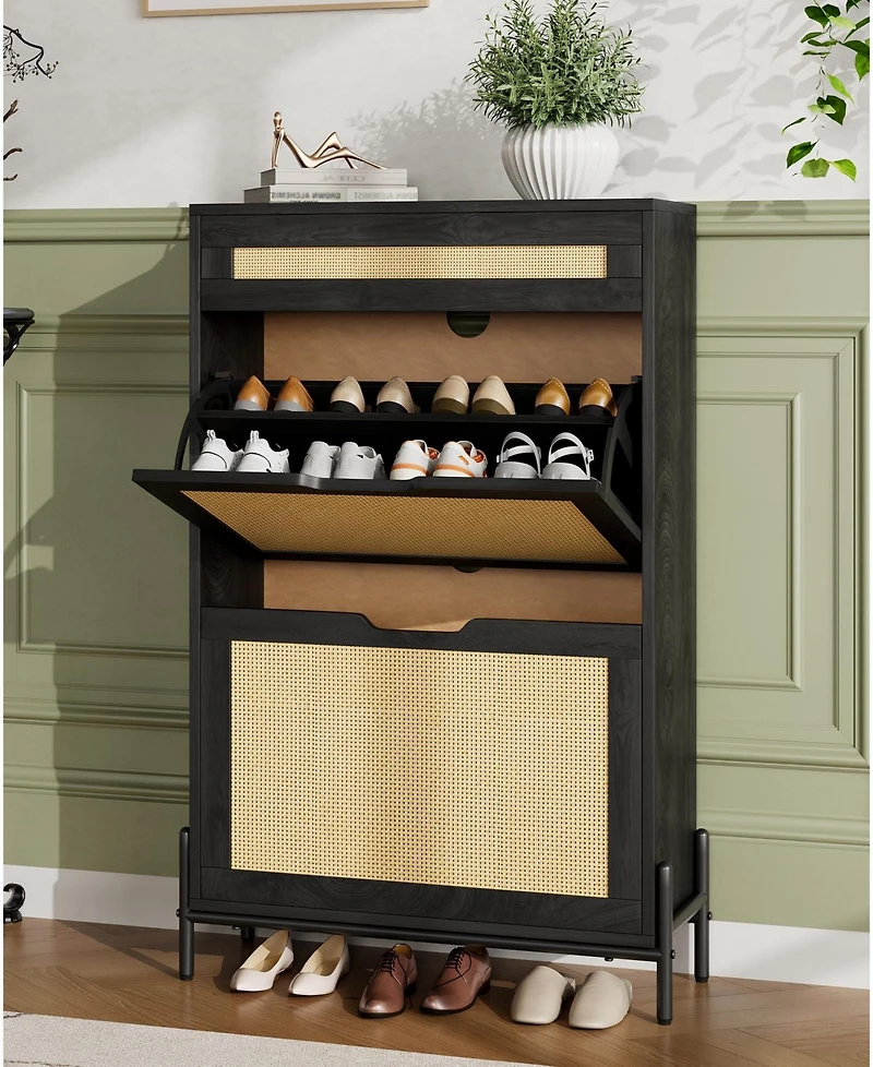 Homfan Rattan Shoe Cabinet Storage with 2 Flip Drawers and Top Drawer, Freestanding Organizer Wooden Slim Rack