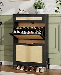 Homfan Rattan Shoe Cabinet Storage with 2 Flip Drawers and Top Drawer, Freestanding Organizer Wooden Slim Rack