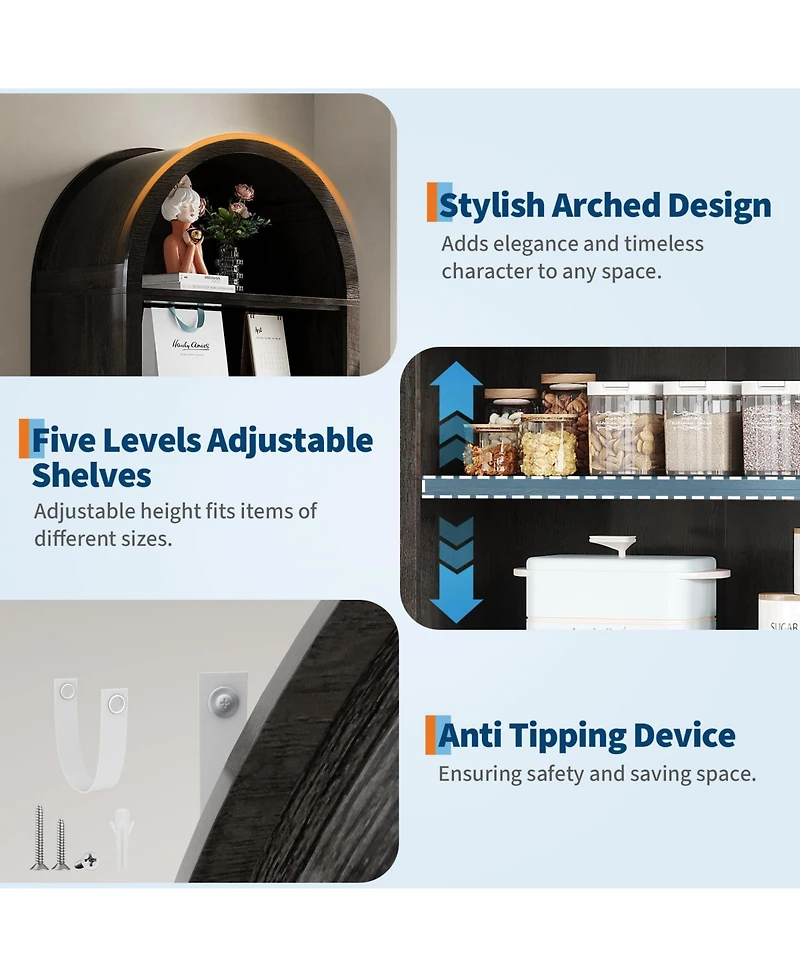 Homfan 71" Tall Farmhouse Arched Shoe Cabinet with Adjustable Shelves, 7 Tier Arched Bathroom Storage Cabinet Bookshelf Bookcase Food Pantry