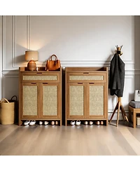 Homfan 2Pcs Modern Rattan Shoe Cabinet With Storage,32'' Boho Style Shoe Organizer Storage Cabinet With Shelves and Doors,Wooden Shoe Rack Cabinet