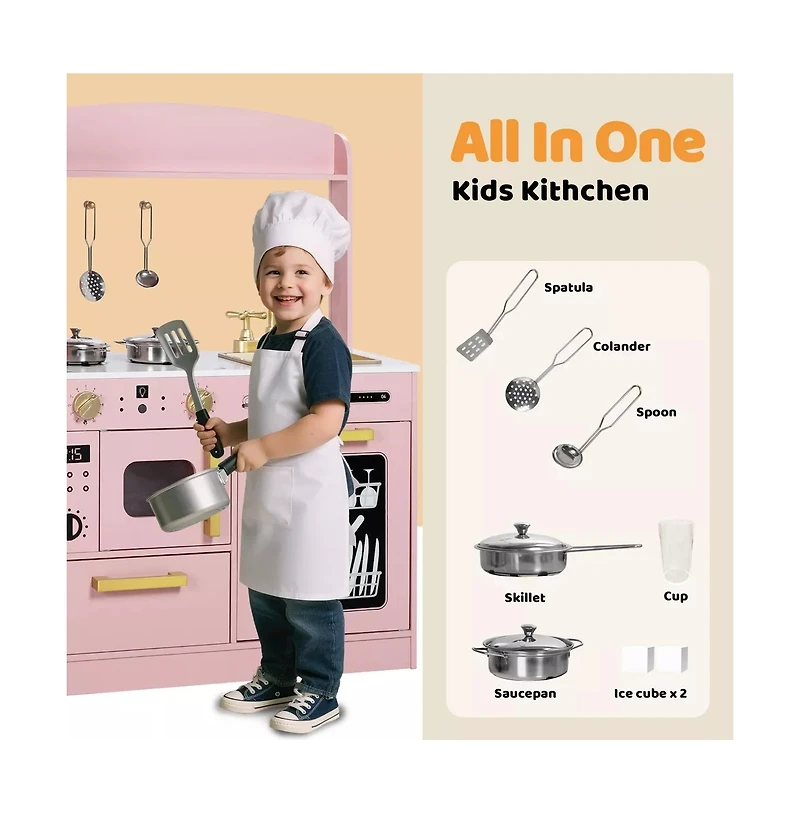 Kinder King Wooden Pretend Play Kids Kitchen, Toy Kitchen Playset w/Oven, Microwave for Boys Girls Age 3