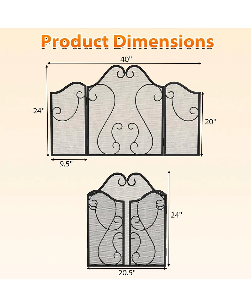 Sugift Three Panel Fireplace Screen Foldable Spark Guard with Scrollwork
