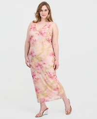 Planet Gold Trendy Plus V-Neck Printed Mesh Maxi Dress