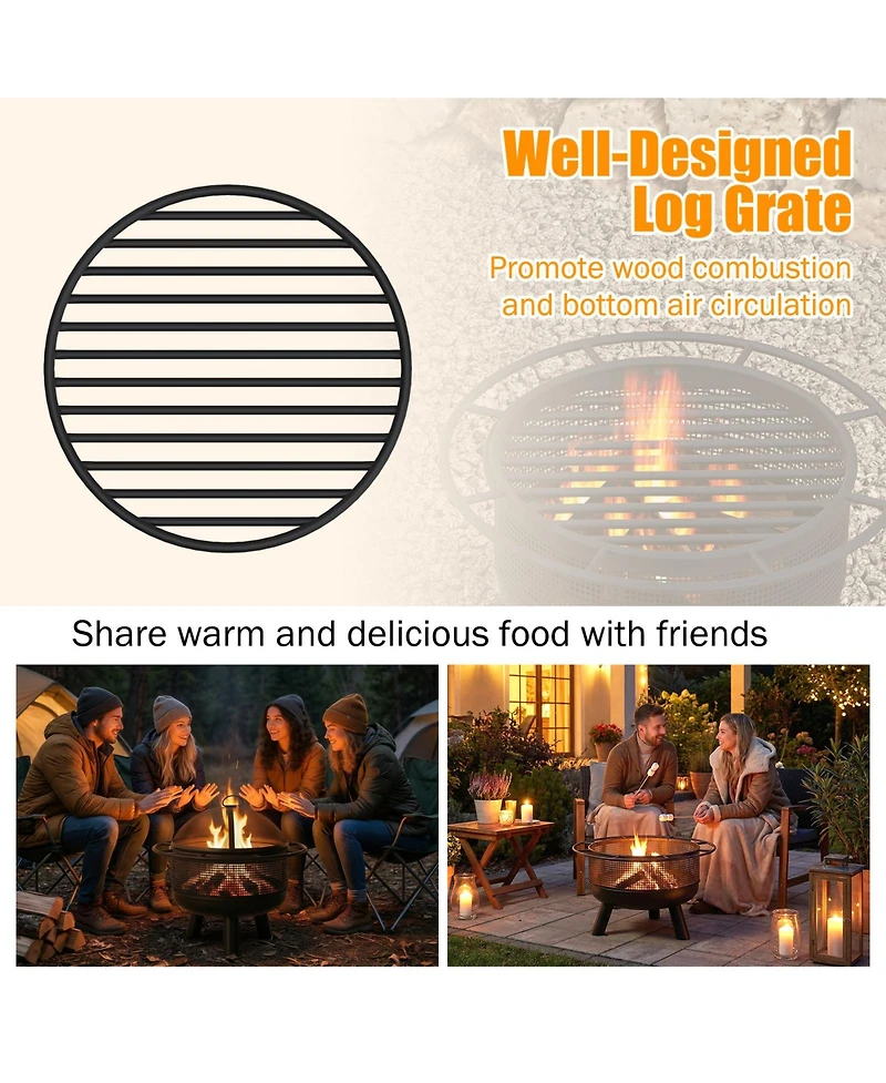 Sugift 24 in Wood Burning Fire Pit with Log Grate and Mesh Screen