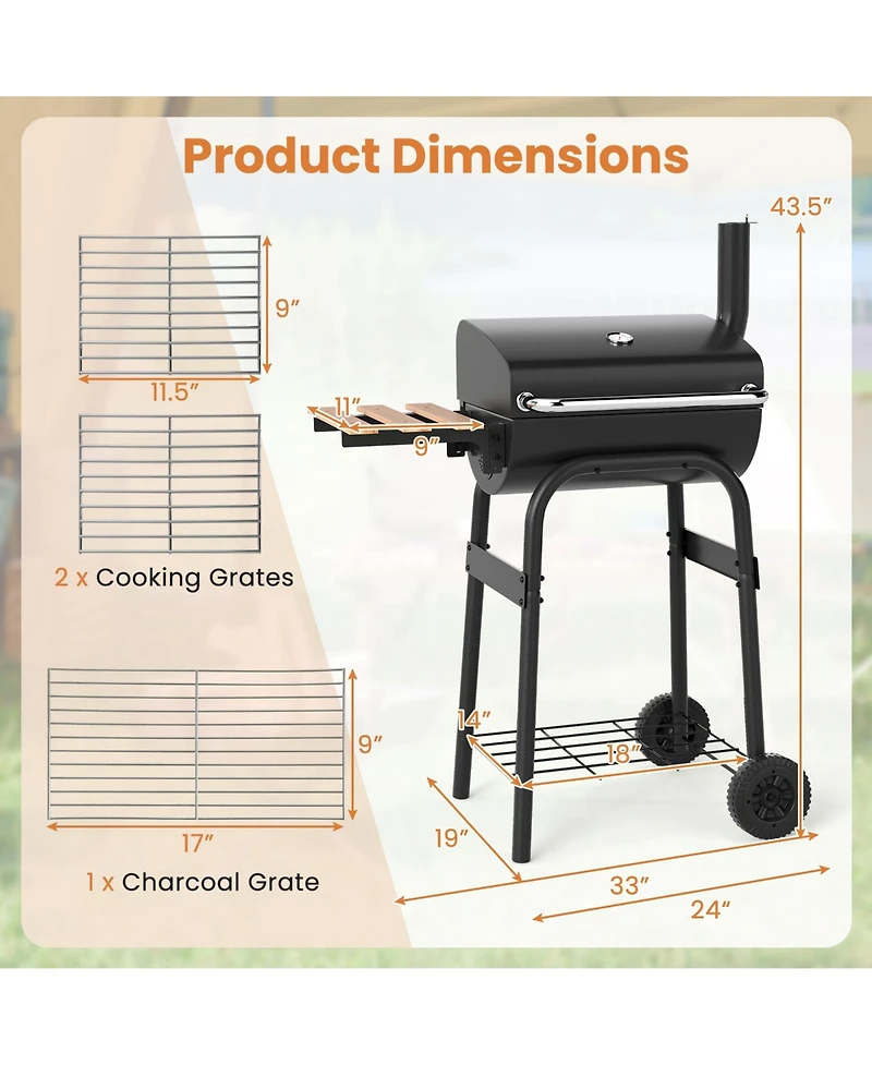 Sugift Barrel Style Charcoal Grill with Folding Side Table and Thermometer