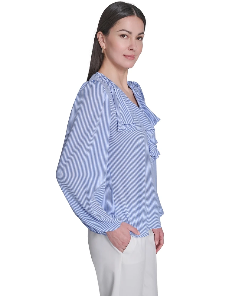 Tommy Hilfiger Women's V-Neck Striped Ruffle Blouse