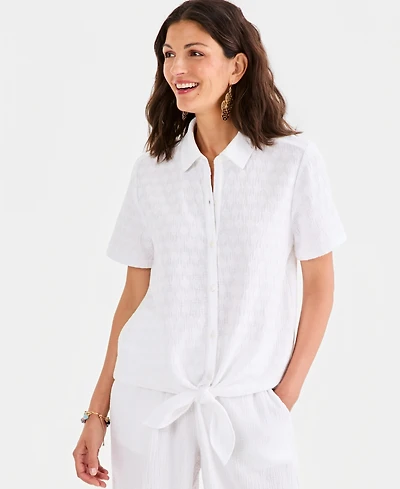 Style & Co Women's Cotton Gauze Embroidery Tie-Front Top, Macy's Exclusive
