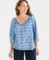 Style & Co Women's Chambray Split-Neck Embroidery Top, Macy's Exclusive