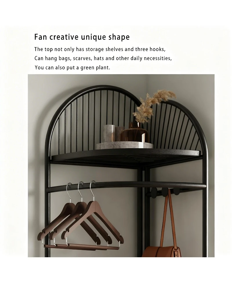 Yigii Space-saving Metal Corner Coat Rack with Hooks and Basket
