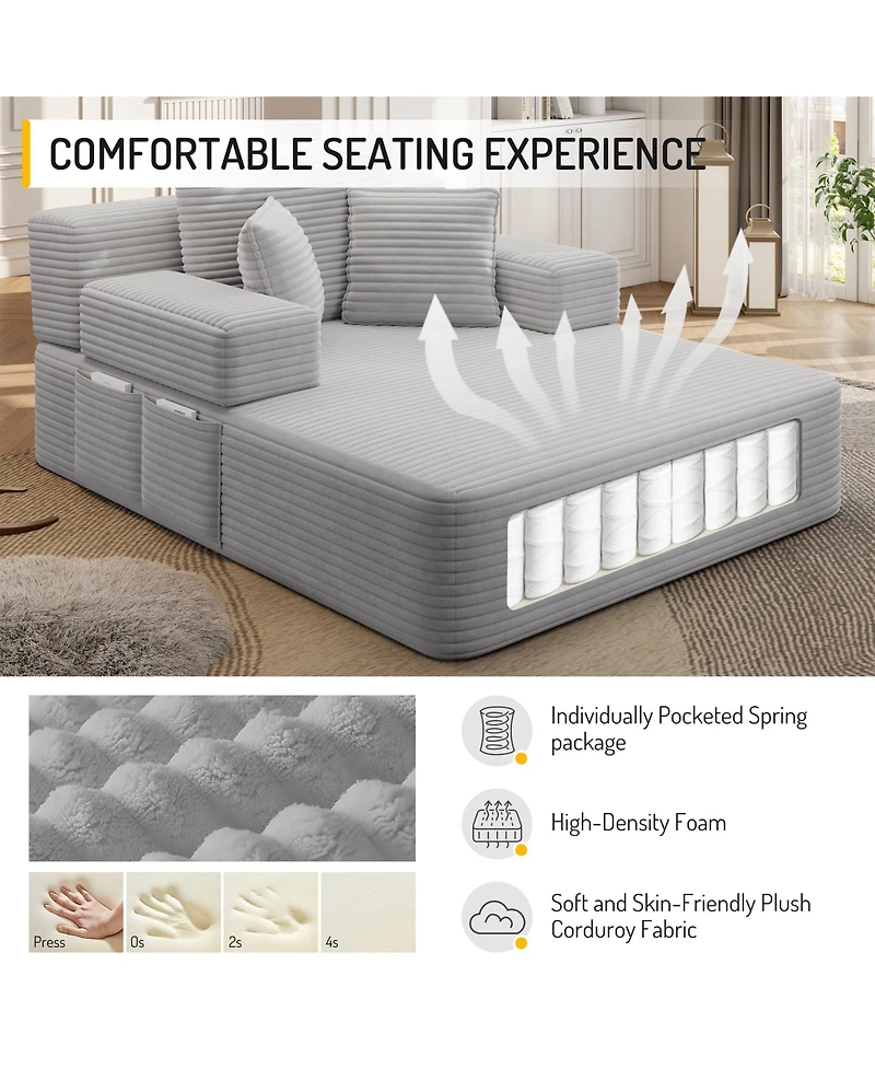 Rainsken Plush Corduroy Convertible Chaise Chair, Sofa Bed with Storage Pocket and 3 Pillows, Frameless Design and Compression Foam for Living Room